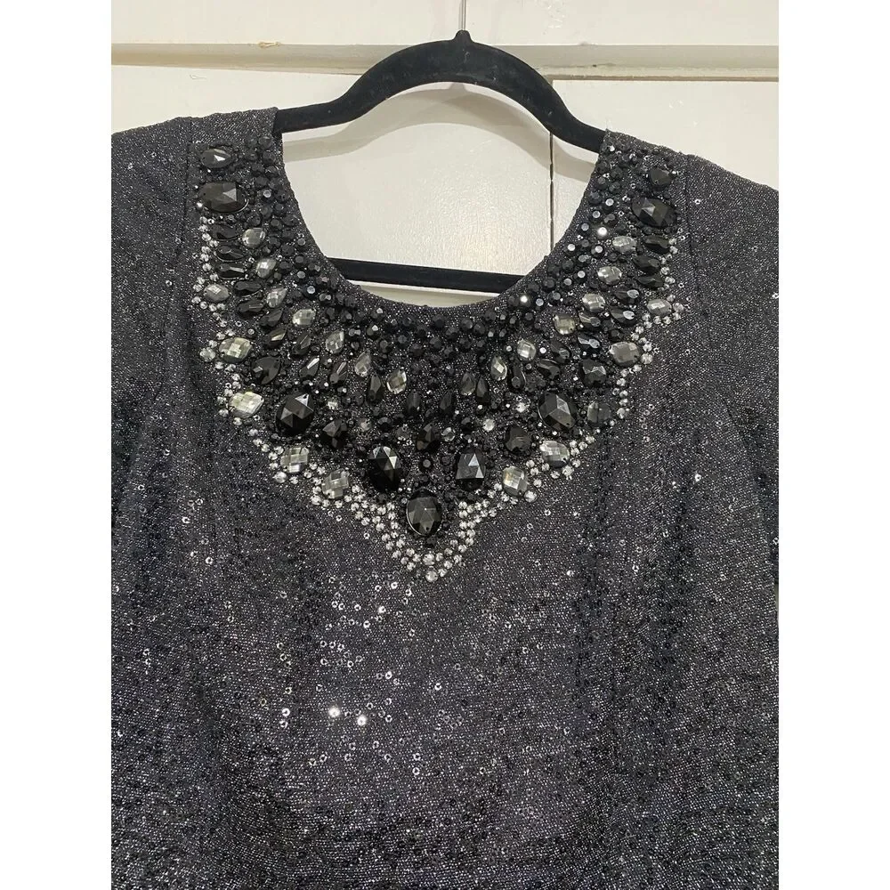 Carmen Marc Valvo Dress Sz 8 Black Silver Beaded Neck Sequin Cocktail Midi - Picture 3 of 12